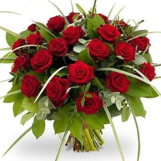 25 red roses with greenery